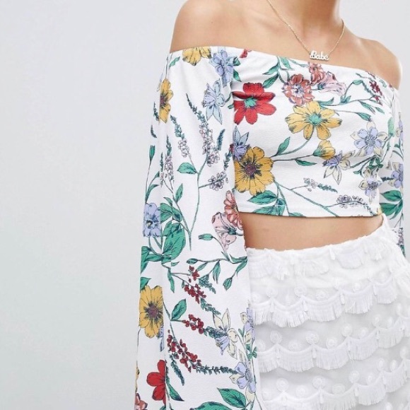ASOS Tops - Cropped Floral Bardot Bell Sleeve Top